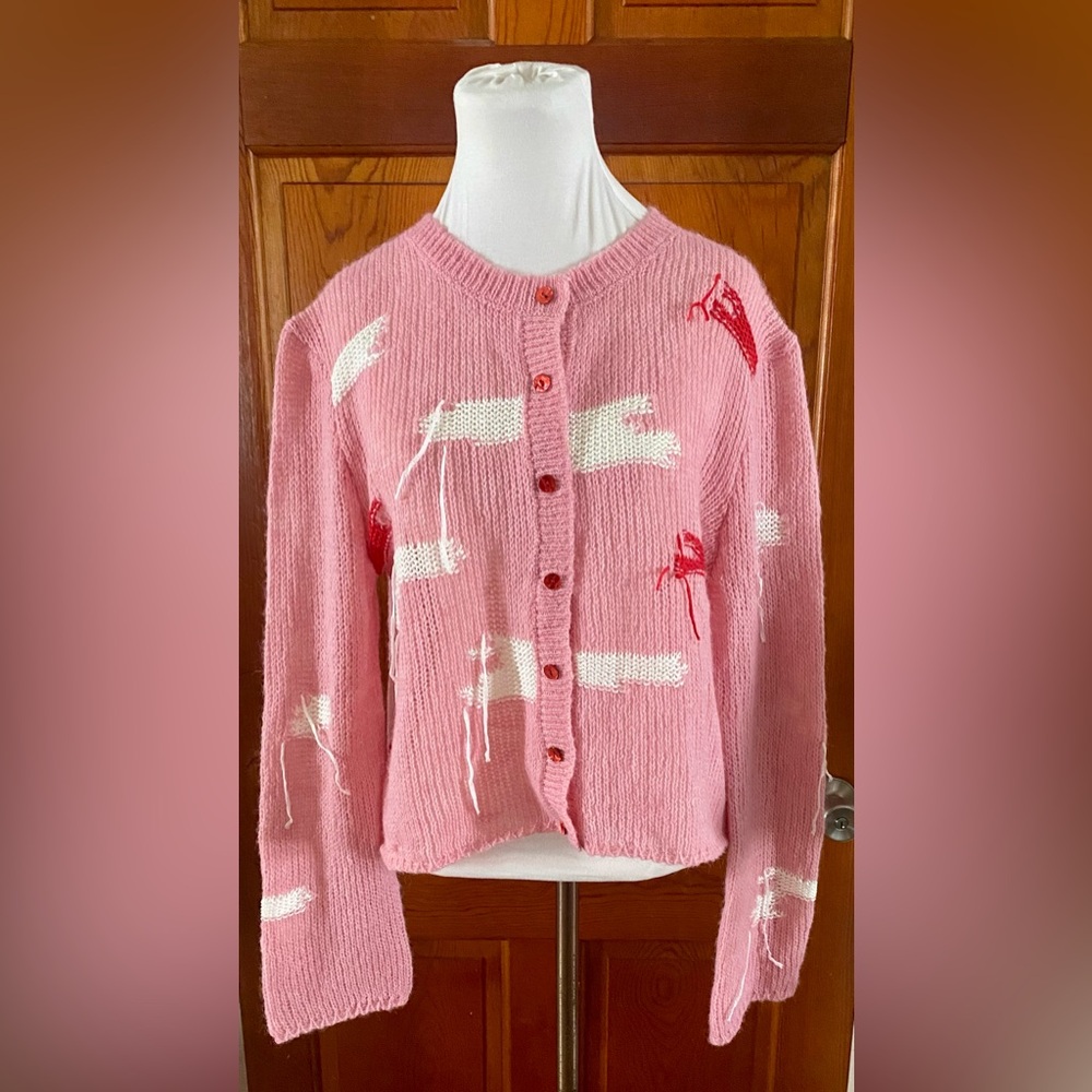ZARA Pink Button-Up Sweater, Distressed Look, EUC